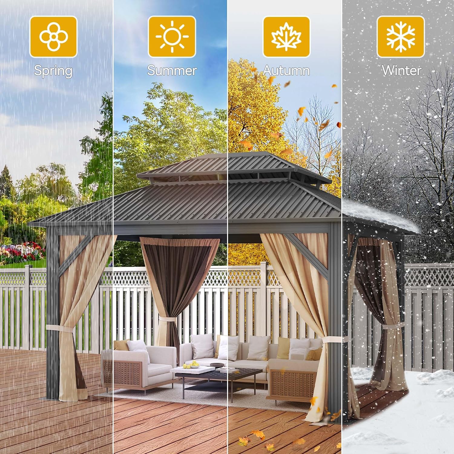 DWVO 12x14ft Aluminum Gazebo Hardtop Double Roof Canopy Outdoor Gazebo Galvanized Roof with Netting and Curtain Garden Tent for Patio, Backyard and Deck