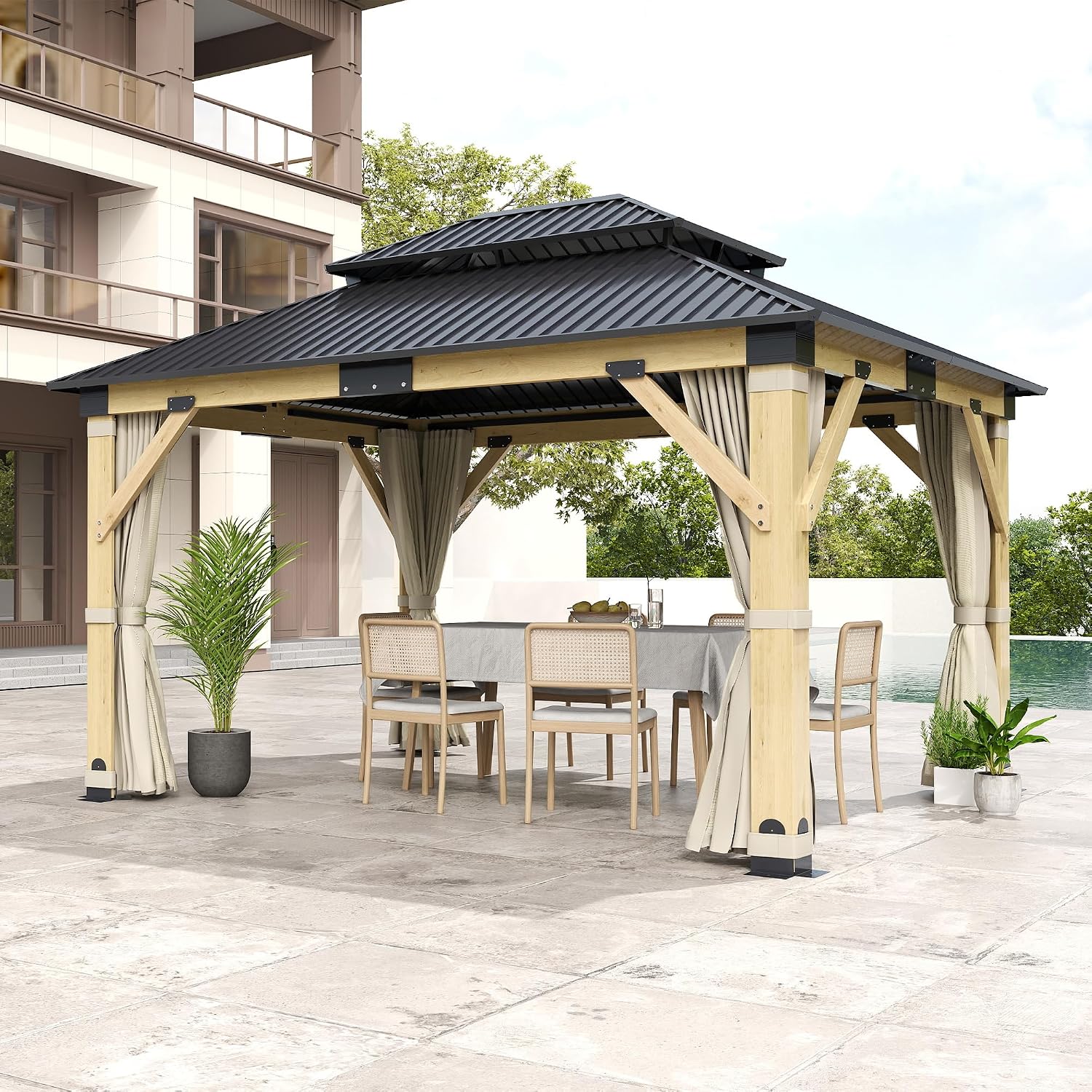 11x13FT Wood Gazebo, Outdoor Wooden Gazebo with Galvanized Steel Double Roof, Hardtop Gazebos for Garden, Patio, Deck, Backyard (w/Beige Curtain &Netting)