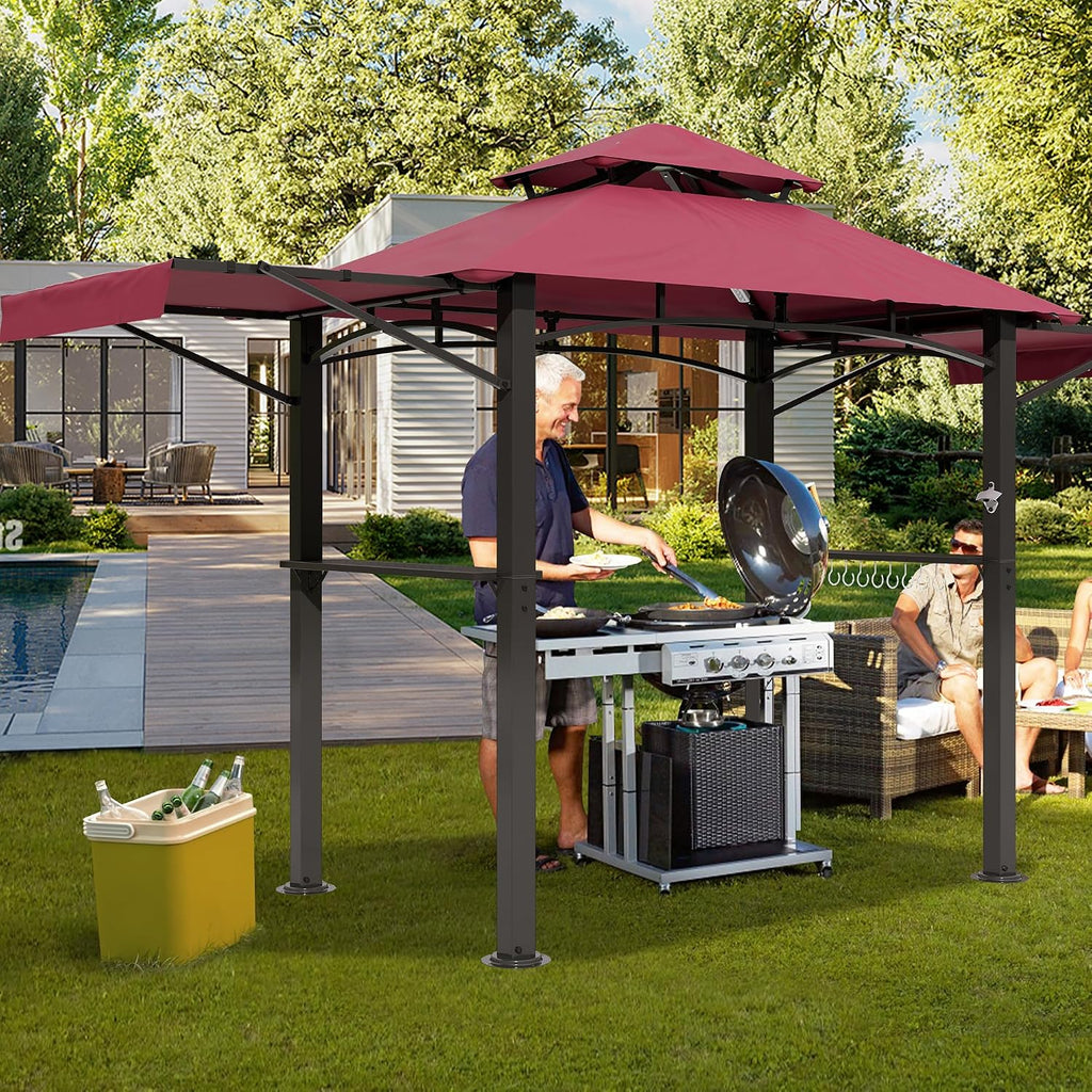 GARTOO 8'x5' Outdoor Grill Gazebo with 2 Side Awnings - Double Roof BBQ Gazebo Canopy with LED Lights and 2 Side Shelves, Patio BBQ Pergola Shelter for Garden, Porch and Backyard (Red)