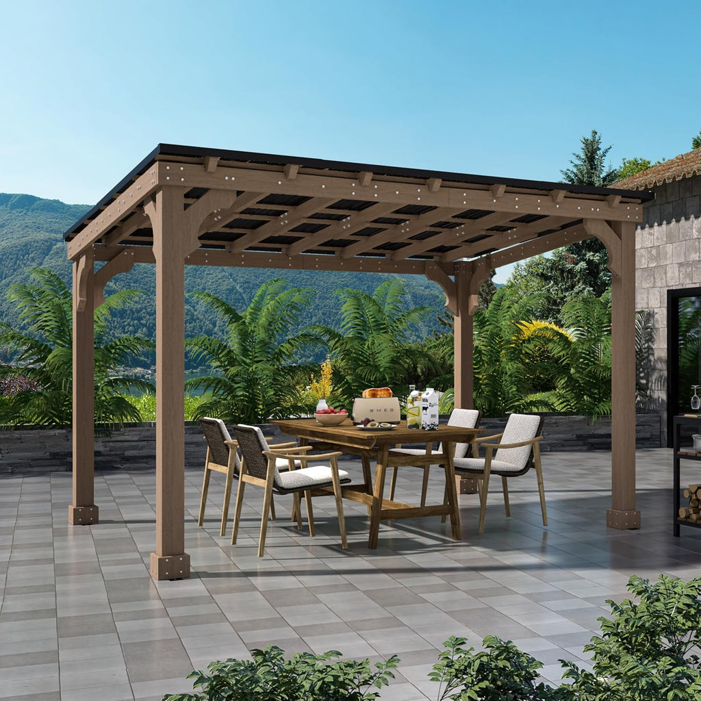 MUPATER 10 x 12 FT Wood Grill Gazebo with Sloping Metal Roof, Hardtop BBQ Gazebo with 5.5' Posts, Heavy-Duty Wooden Frame, Outdoor Bar Gazebo for Patio, Lawn, Garden, Brown