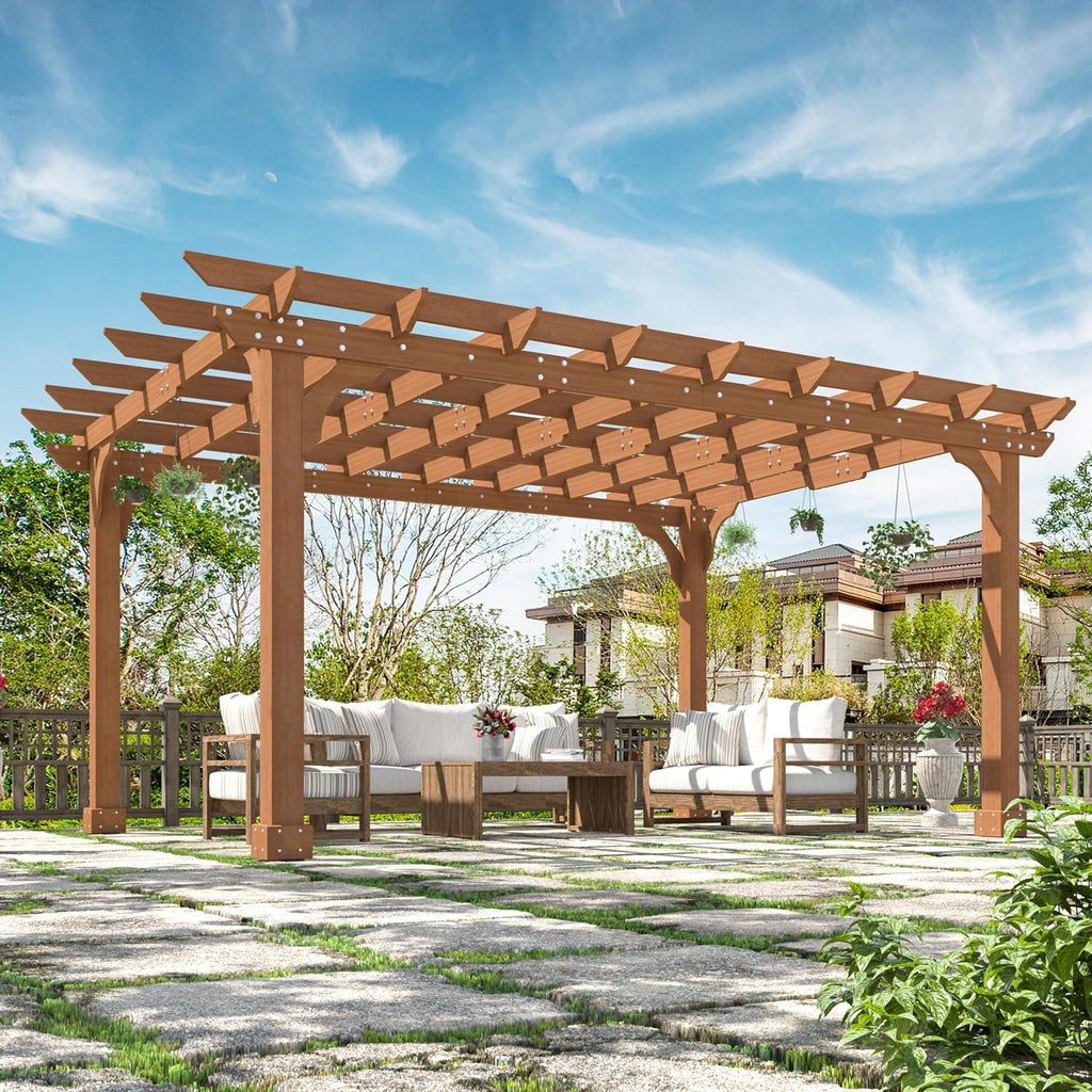 MUPATER 10x14 FT Cedar Wooden Pergola Kit with Trellis Roof, Outdoor Patio Pergola with Stakes, Snow and Wind Supported, All-Season Structure for Climbing Plant Support,Deck, Backyard, Lawn
