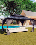 GarveeLife Hardtop Gazebo 12 ft x16 ft for All Weather, with Double Metal Roof, Aluminum Alloy Frame, Net, and Curtain, Permanent Building for Patio, Deck, Backyard, Lawn, and Garden, Gray