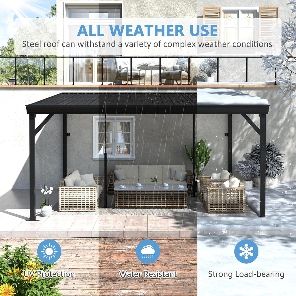MUPATER 10'x 14' Wall-Mounted Gazebo, Outdoor Pergola Gazebo with Gutter, Lean to Gazebo with Adjustable Support Posts, Heavy Duty Awnings for Patio, Deck, Porch and Backyard