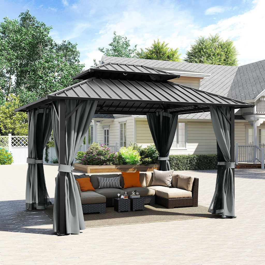 10' x 12' Hardtop Gazebo, Aluminum Frame with Double Galvanized Steel Roof,Permanent Outdoor Gazebo with Netting and Curtains for Backyard, Garden, or Deck, Gray