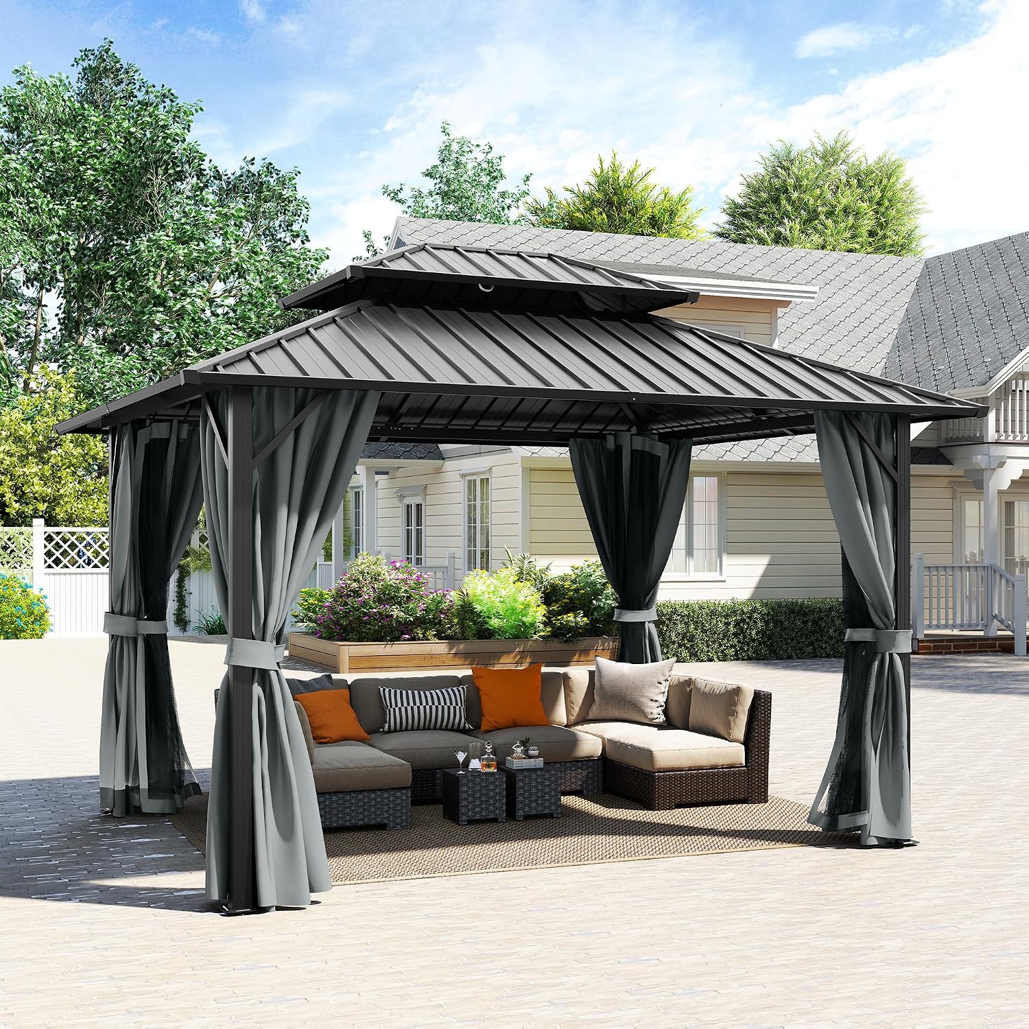 10' x 12' Hardtop Gazebo, Aluminum Frame with Double Galvanized Steel Roof,Permanent Outdoor Gazebo with Netting and Curtains for Backyard, Garden, or Deck, Gray