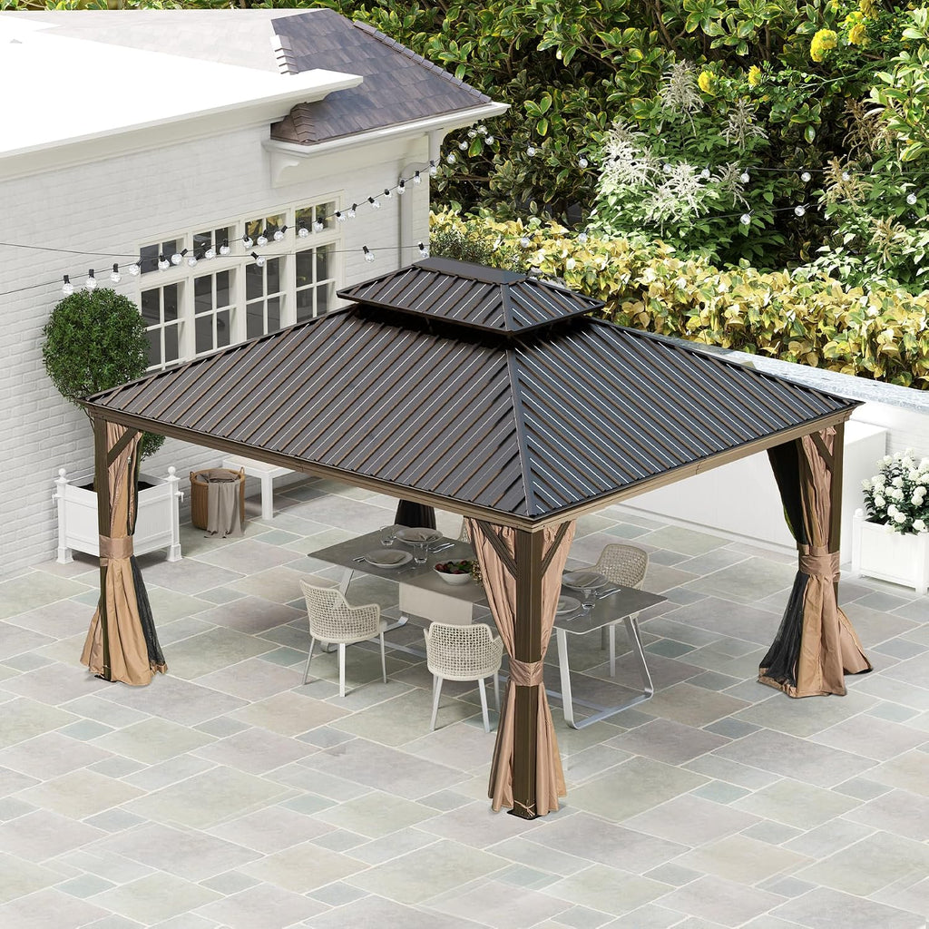 Domi 10x14 Outdoor Gazebo, Hardtop Gazebo with Aluminum Frame, Heavy Duty Pavilion Gazebo for Patio Deck Backyard, Curtain and Netting Included, Dark Brown