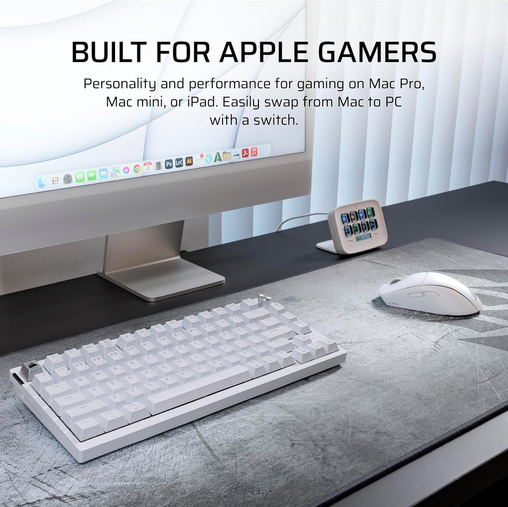 Corsair K65 Plus Wireless 75% RGB Hot-Swappable Mechanical Gaming Keyboard for Mac and iPad – Pre-Lubricated MLX Red v2 Linear Switches, Sound Dampening – QWERTY NA Layout – Frost White