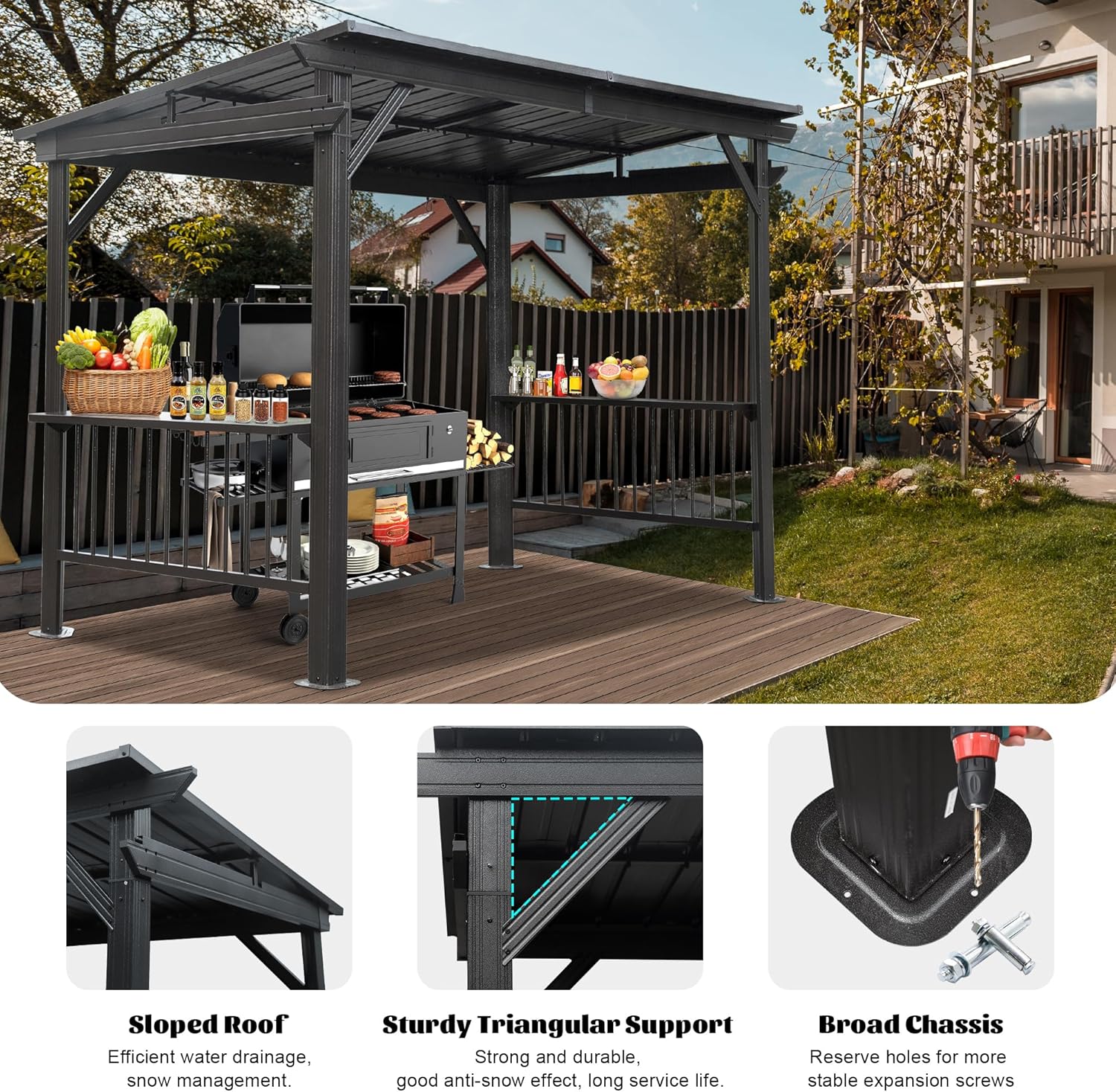 Domi 6.5x12FT Hardtop Grill Gazebo, Outdoor BBQ Gazebo with 2 Side Shelves and Sloping Galvanized Steel Roof, Metal Permanent Grill Canopy with Ceiling Hooks for Patio, Lawn, Backyard, Deck, Gray