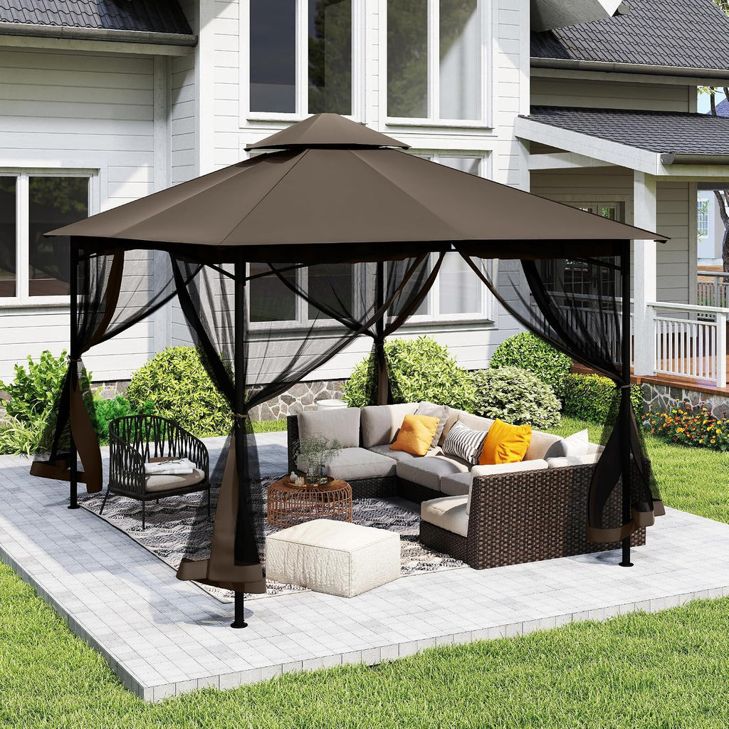 12' X 12' Patio Gazebo with Ventilation Double Roof, Outdoor Gazebo with Removable Mosquito Netting, Easy Up Metal Outdoor Canopy Shelter for Backyard, Garden, Lawn, Brown