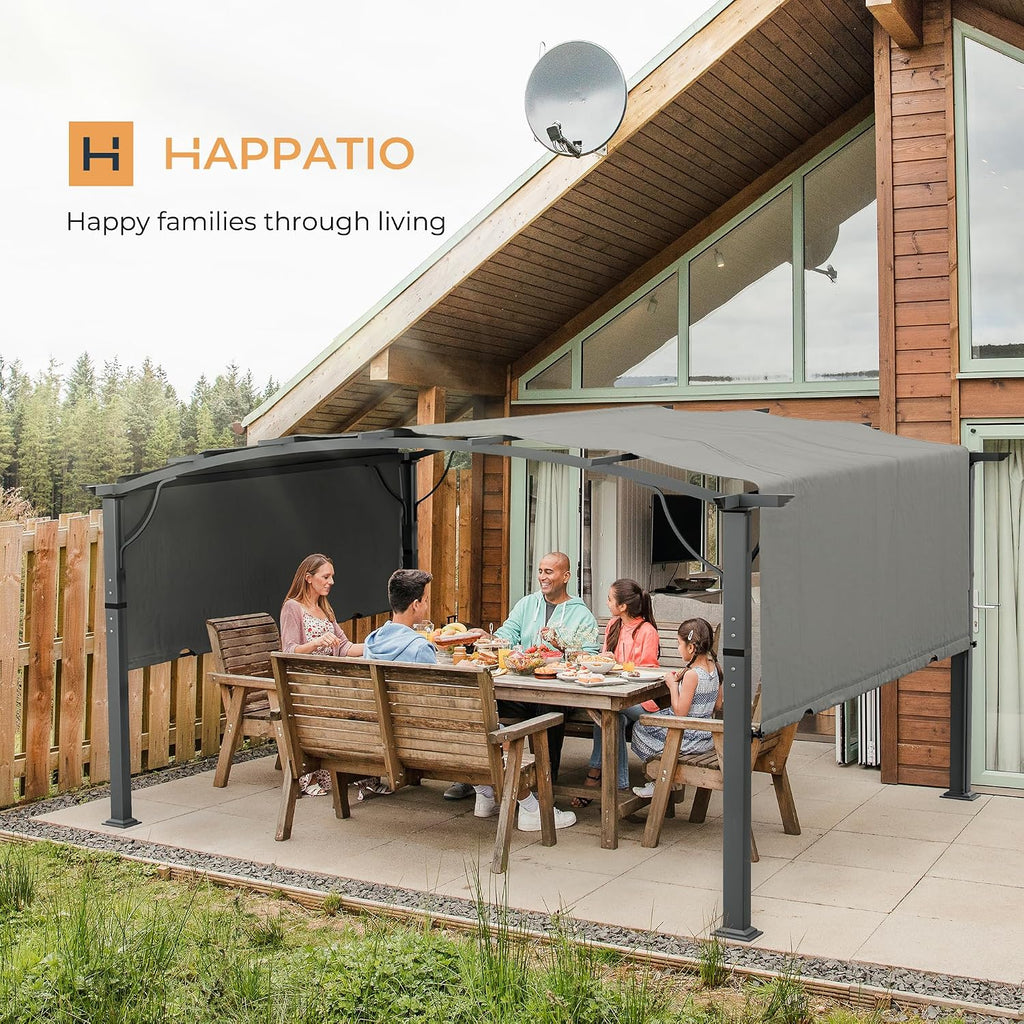 HAPPATIO 12' x12' Outdoor Retractable Pergola, Aluminum Pergola with Canopy Fixed in Various Positions, Arched Roof with Sun Shade Canopy Metal Frame for Backyards, Gardens, Patios (Grey)