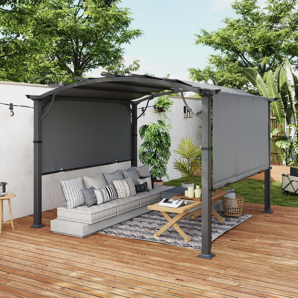 10' x10' Arched Outdoor Pergola for Deck, Outdoor Retractable Pergola with Canopy and Hardware, Small Aluminum Frame with Canopy Fixed in Various Positions (Grey)