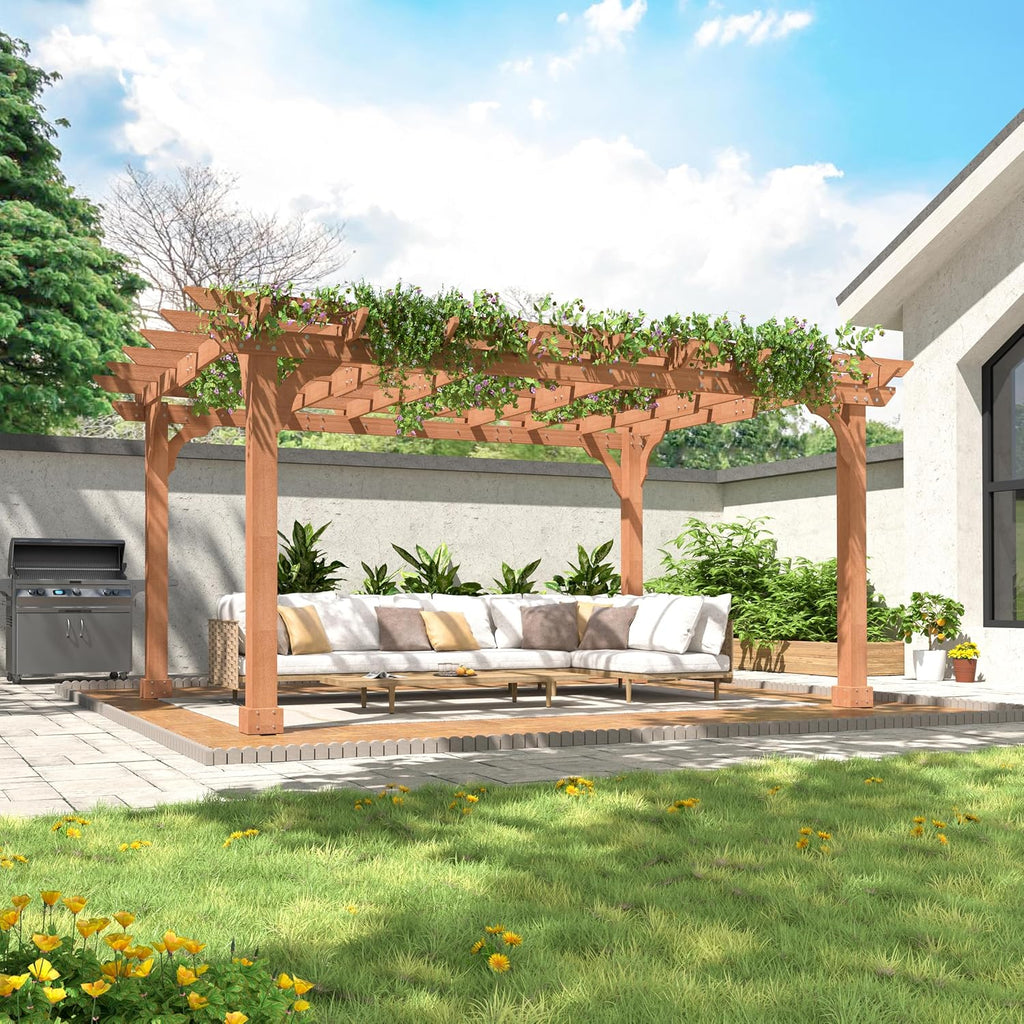 MUPATER 10x14 FT Cedar Wood Pergola with Trellis Roof, Outdoor Pergola Kit with Stakes, Snow and Wind Supported, Patio Shade Structure for Climbing Plant Support, Deck, Backyard, Lawn