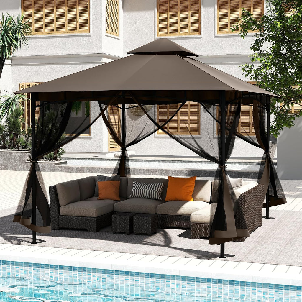 12' X 12' Patio Gazebo with Ventilation Double Roof, Outdoor Gazebo with Removable Mosquito Netting, Easy Up Metal Outdoor Canopy Shelter for Backyard, Garden, Lawn, Brown
