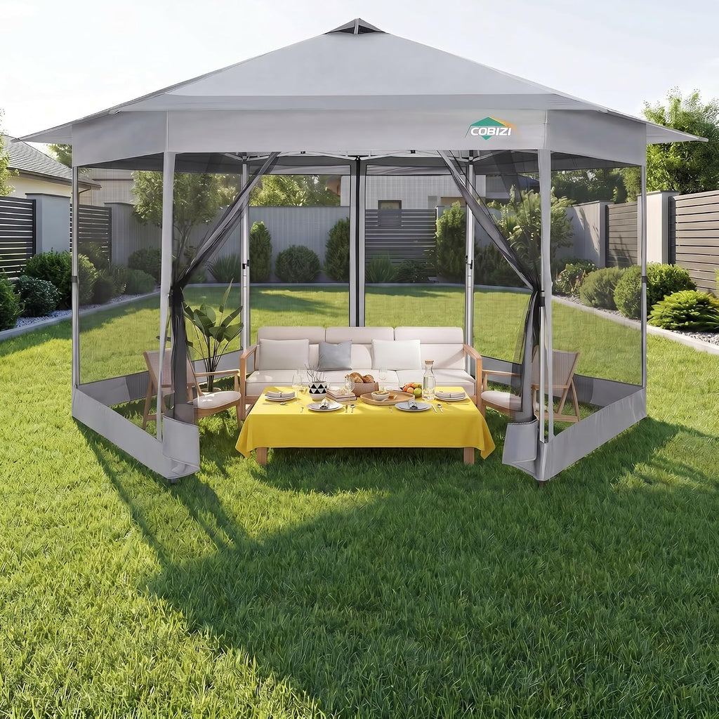 COBIZI 16x16 Pop up Gazebo, Hexagonal Outdoor Canopy Tent with Mosquito Netting, Portable 6-Sided Gazebo Tent, Waterproof, UV Resistant Height for Backyard, Gardens, Patio（Gray）