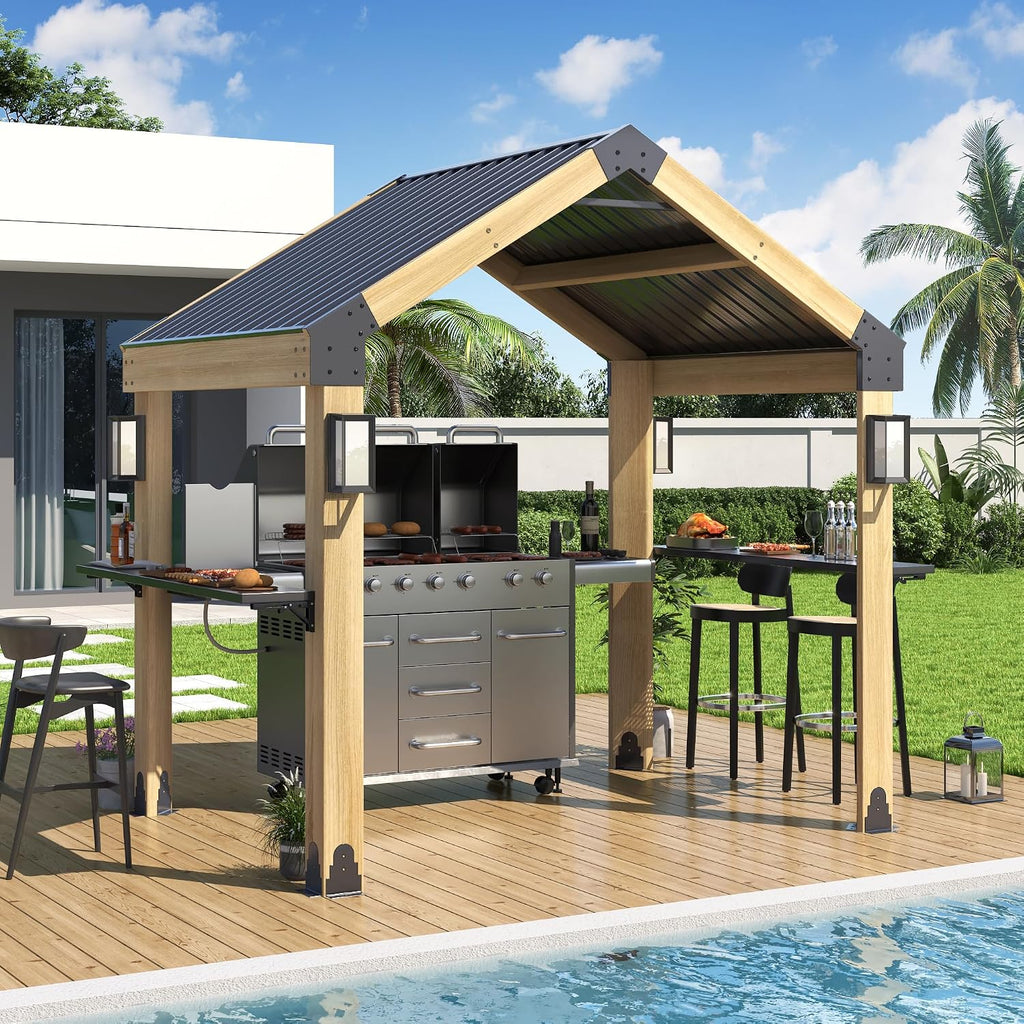 GARTOO 7.7'x5.7' Outdoor Grill Wood Gazebo - Hardtop Gazebo with 2 Side Shelves, Solar Light and Galvanized Steel Roof, Patio Wooden BBQ Pergola for Garden, Porch and Backyard