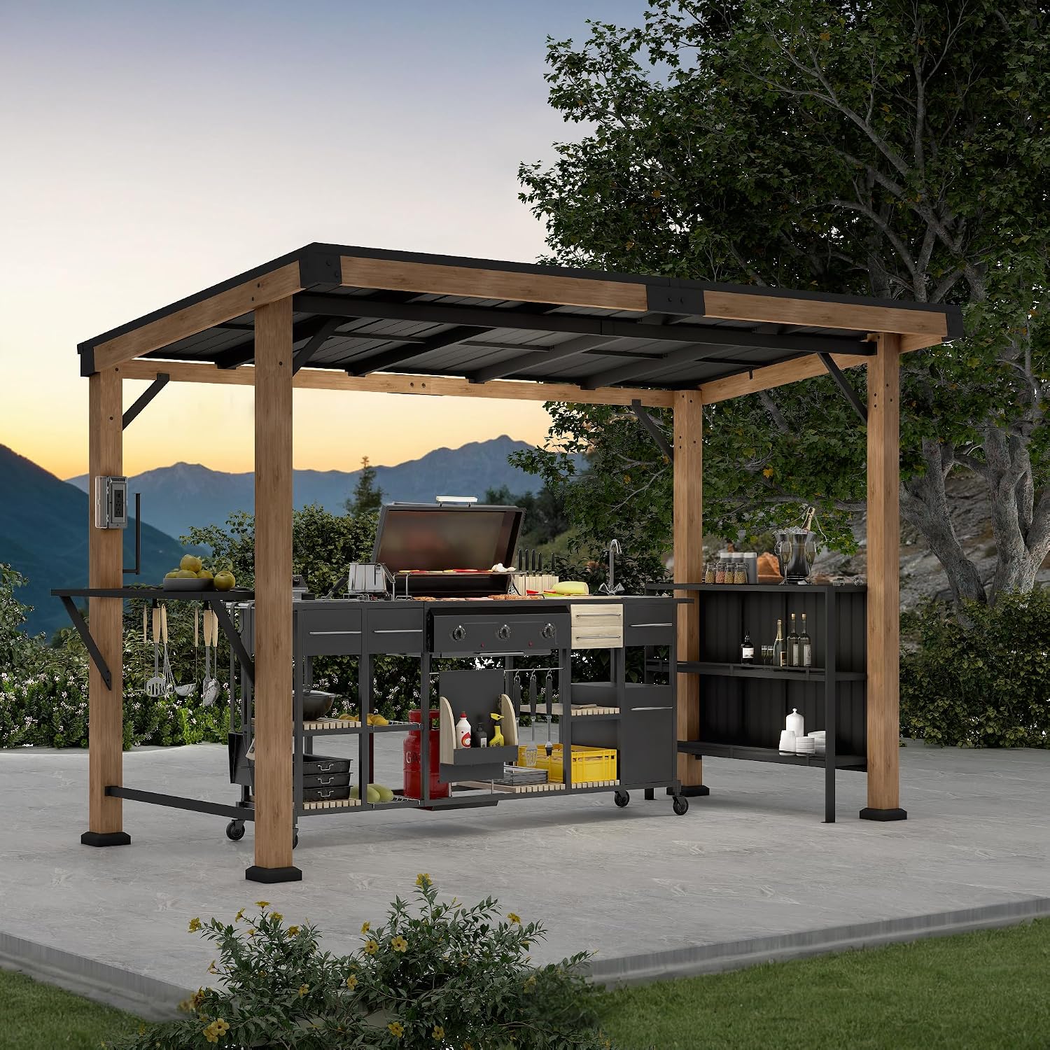 Big Leaf 6' X 12' Grill Gazebo, Cedar Wood Gazebo with Dual Bar Tops & Shelves, Patio Pavilion Featuring Galvanized Steel Roof, USB and USB-C connectors for Patio and Garden Use