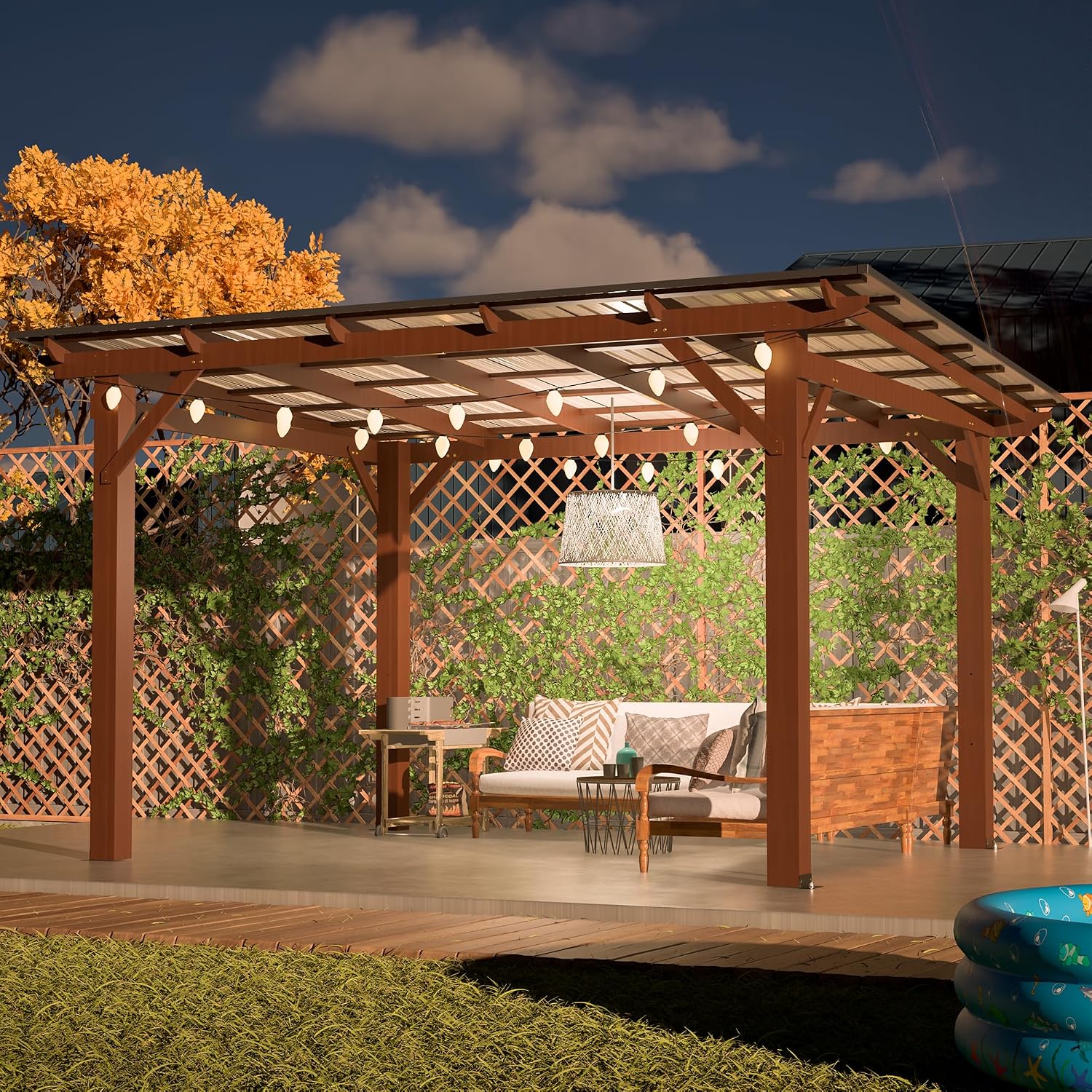 10' x 13' Wooden Pergola with Sloping Metal Roof, Heavy Duty Fir Wood Frame Patio Gazebo, Wind-Resistant UV & Rain Protection Outdoor Shelter for Garden, Backyard, BBQ or Deck
