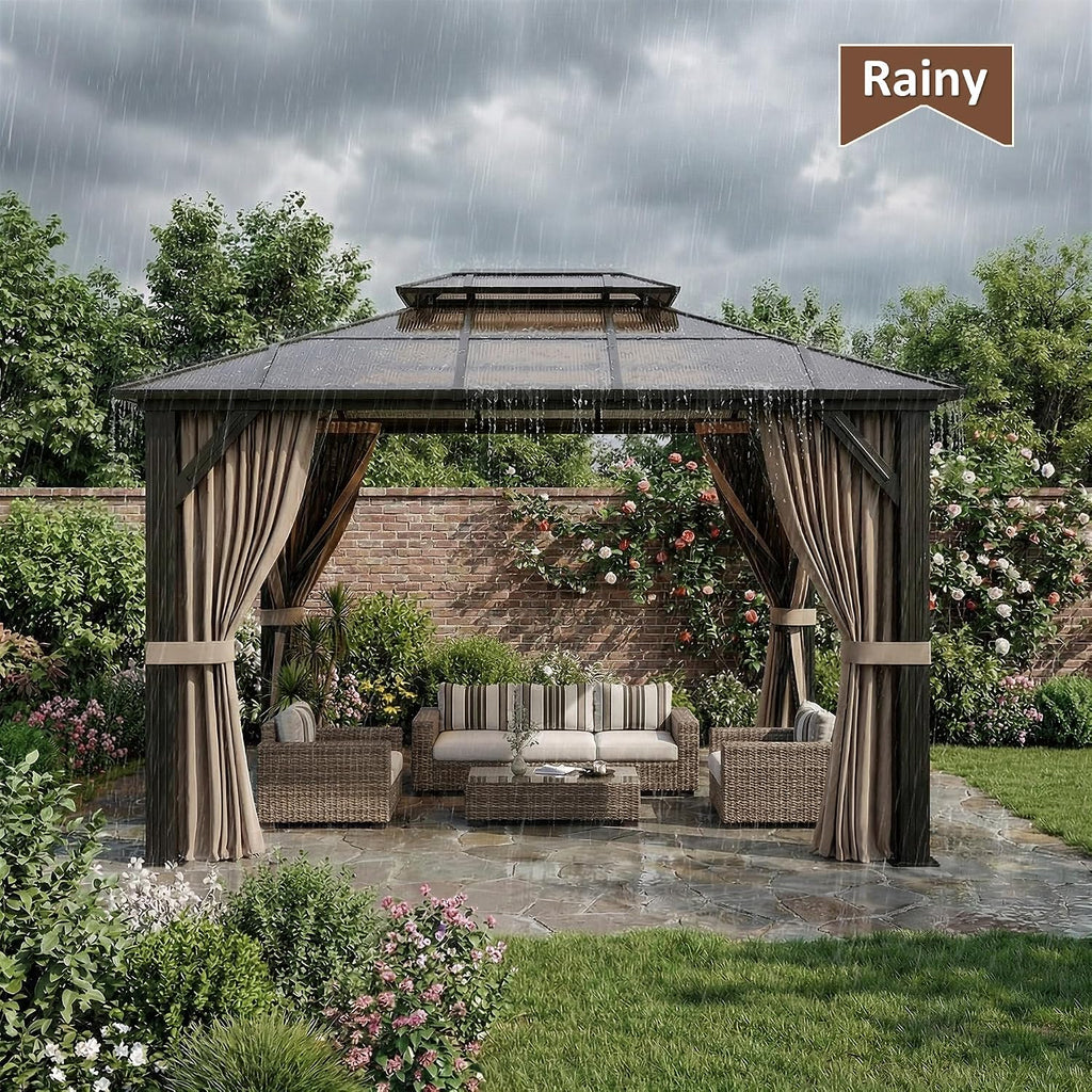 Polar Aurora 10'x12' Gazebo, Outdoor Hardtop Grill Gazebo with Aluminum Frame & Double Polycarbonate Roof 12x10 FT Pergola Include Curtain and Netting for Backyard, Patio, Lawn