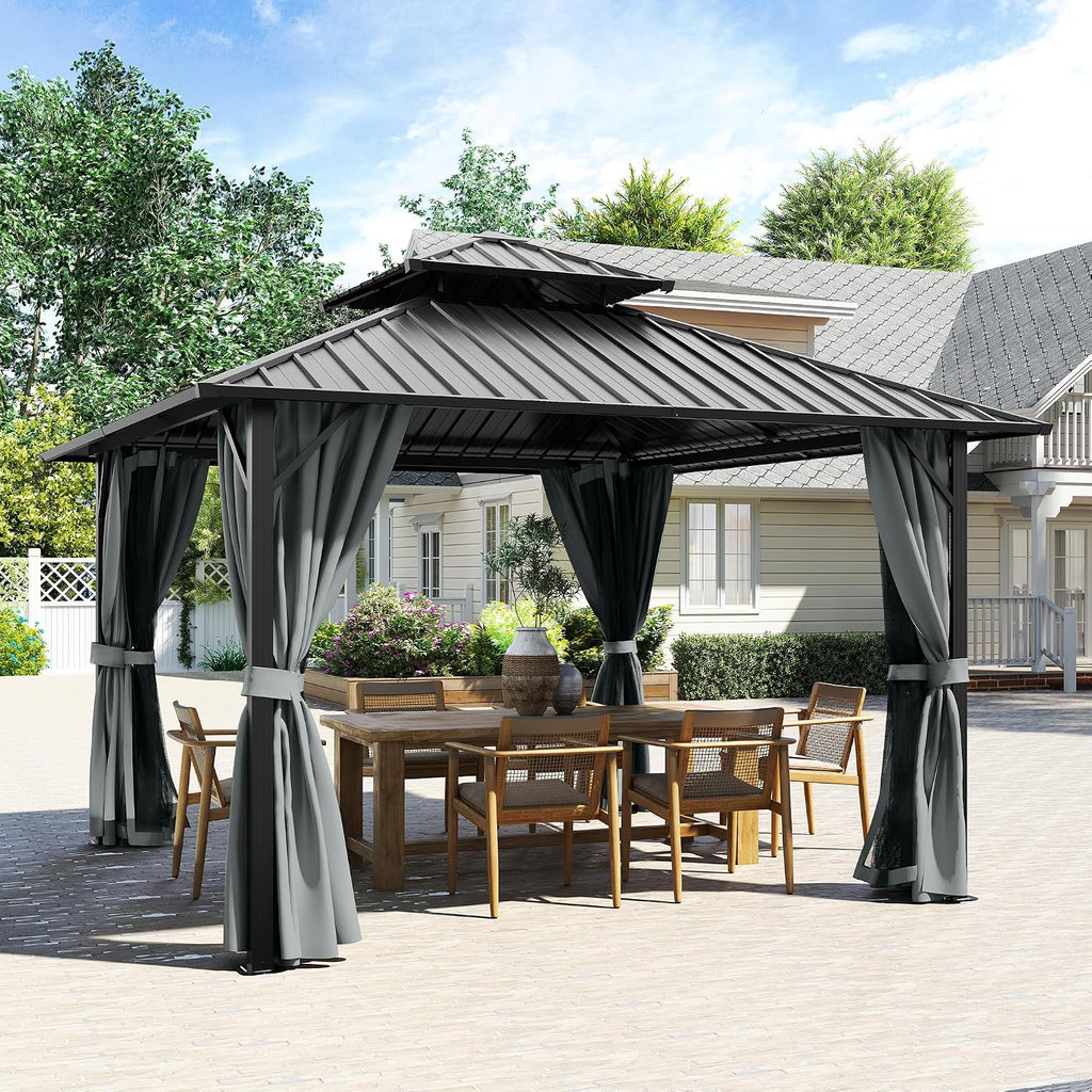 12' x 12' Hardtop Gazebo, Aluminum Frame with Double Galvanized Steel Roof,Permanent Outdoor Gazebo with Netting and Curtains for Backyard, Garden, or Deck, Gray