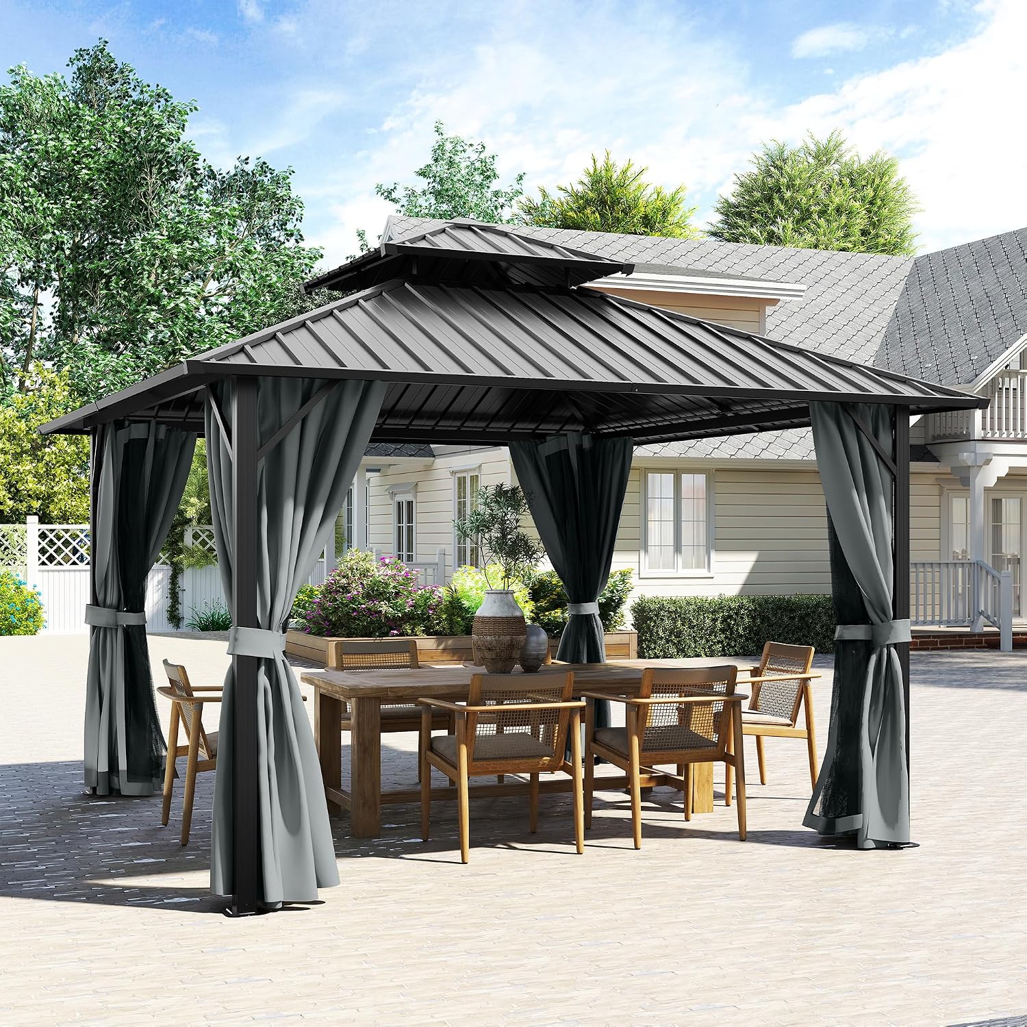 12' x 12' Hardtop Gazebo, Aluminum Frame with Double Galvanized Steel Roof,Permanent Outdoor Gazebo with Netting and Curtains for Backyard, Garden, or Deck, Gray