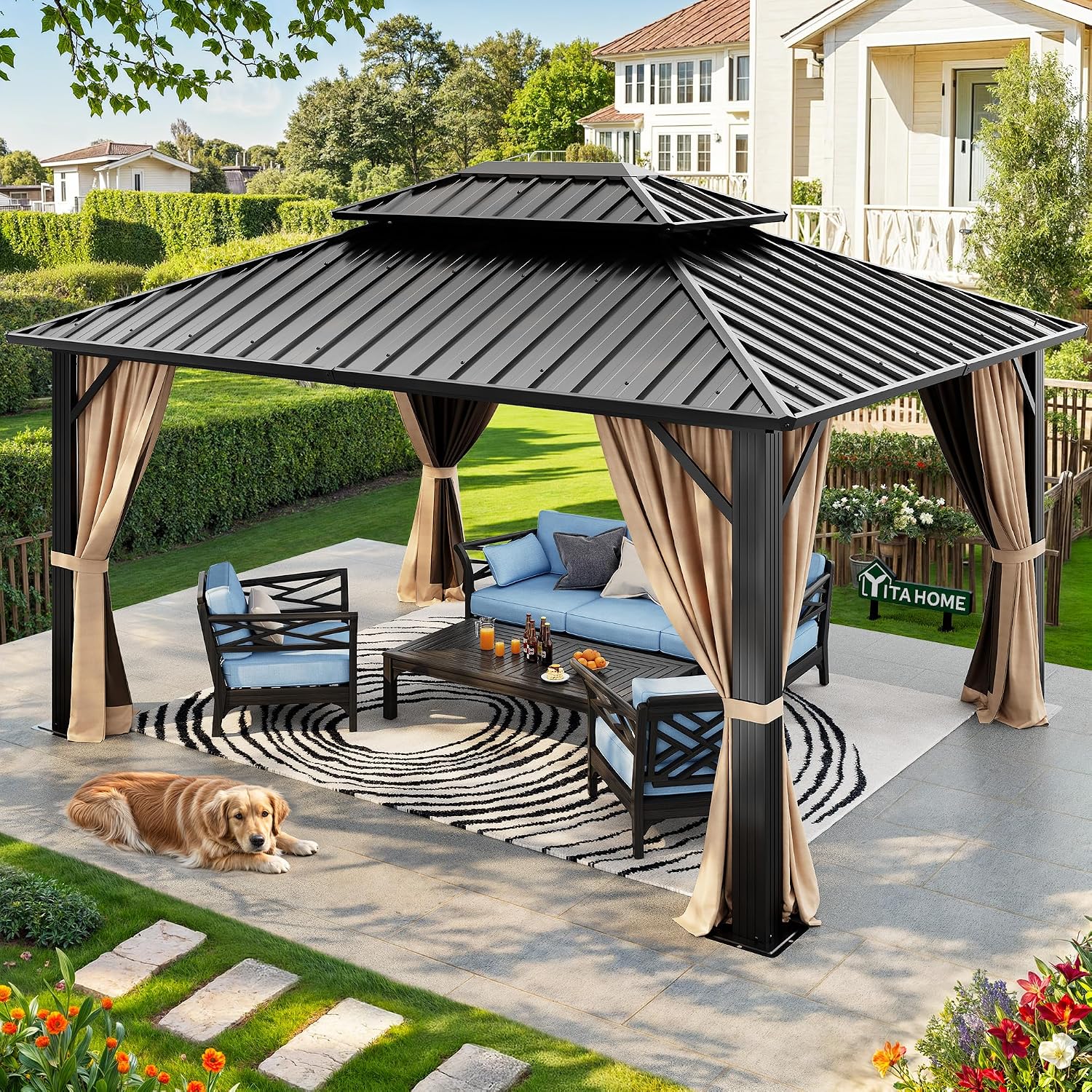 YITAHOME 10X12FT Hardtop Gazebo Double Roof Canopy Galvanized Iron Aluminum Frame Garden Tent Curtains Netting for Patios Backyards Decks Lawns