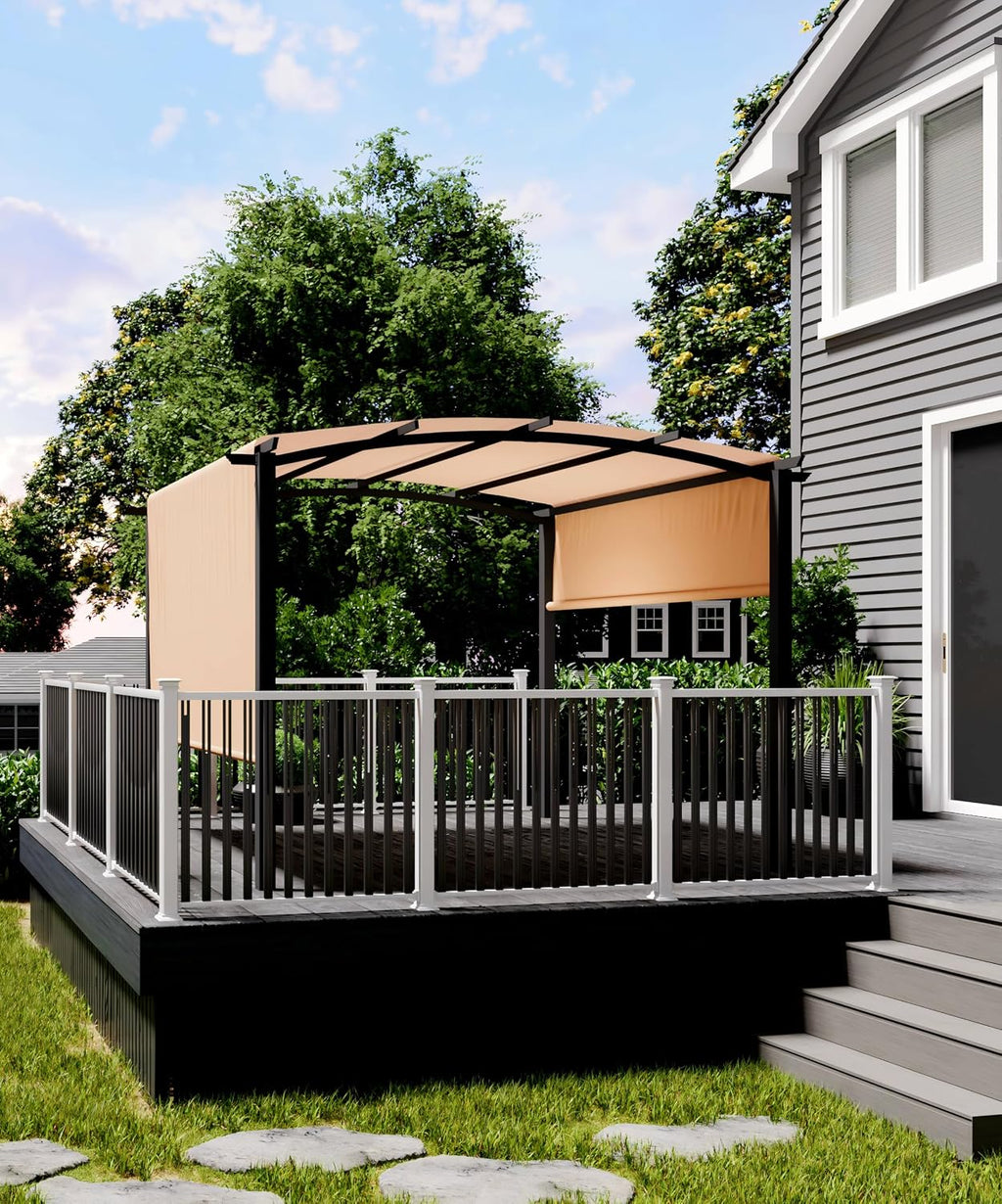 GarveeLife 10 x 10 ft Outdoor Arched Pergola, Metal Pergola with Retractable Canopy, Arched Style Gazebos for Backyard, Lawn, Patios (Khaki)