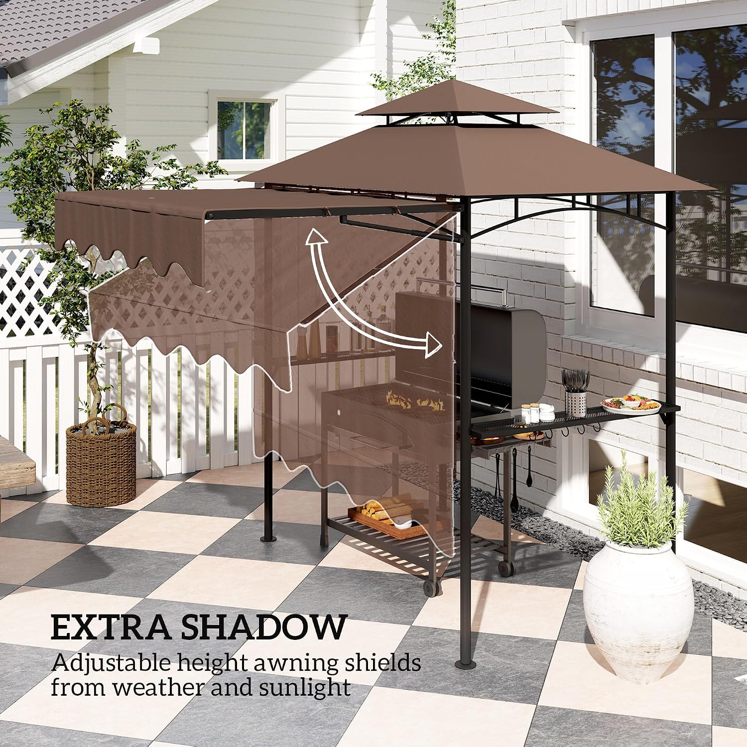 Outsunny 8' x 7.6' Grill Gazebo, Double Tiered Outdoor BBQ Gazebo with Side Awning, 2 Side Shelves and 6 Hooks for Patio, Deck, Yard, Brown