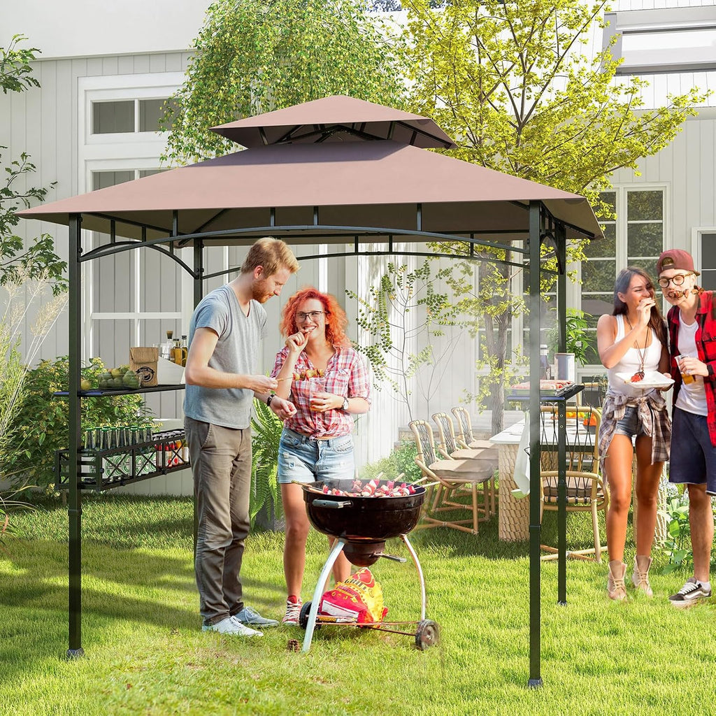 8 x 5 Ft Grill Gazebo Canopy, Double Tiered BBQ Gazebo for Outdoor Grill with 2 Side Shelf, Storage Basket, Ceiling Hook, Barbecue Bar Canopy Tent for Backyard Garden Patio Poolside (Coffee)