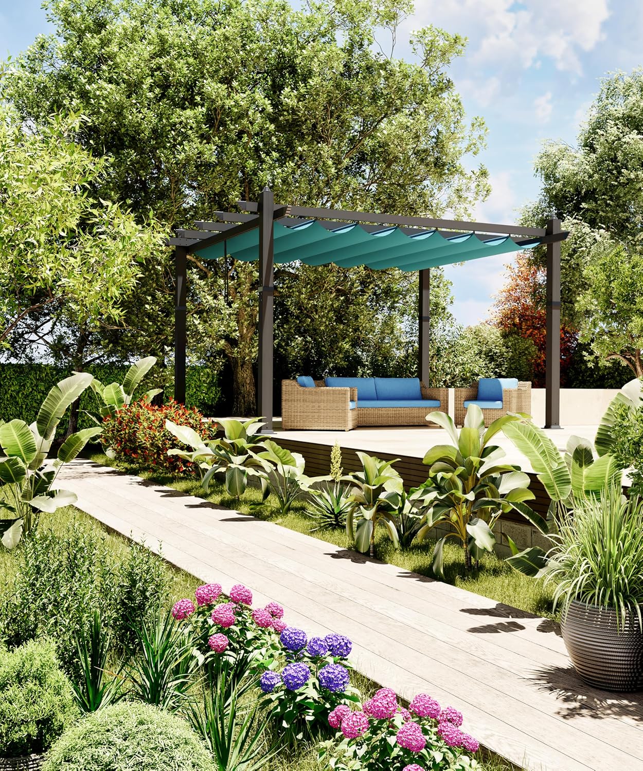 GAOMON 10x13 Ft Outdoor Pergola, Heavy-Duty Aluminum Patio Pergolas and Gazebos Clearance with Retractable Canopy Sun Shade, UV-Resistant Metal Pergola for Existing Deck, Backyard Garden Porch, Blue
