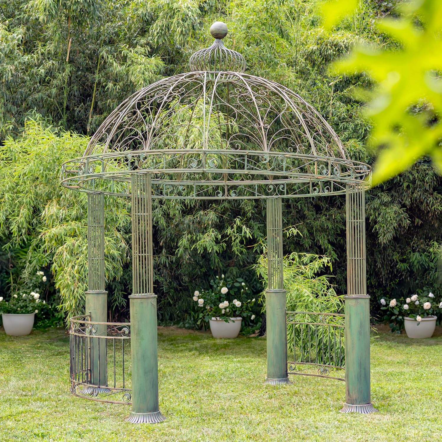 13.8ft. Tall Ornate Round Iron Garden Gazebo Medillín 1972' (Antique Green)