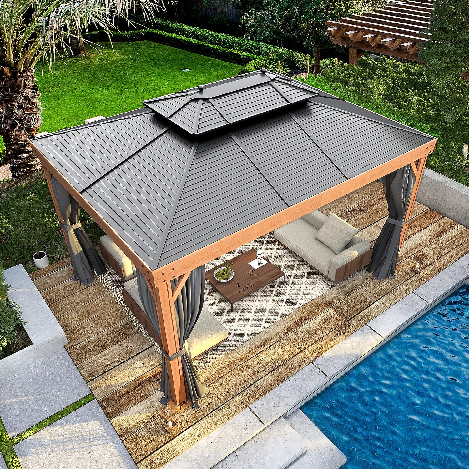 YOLENY 10' x 13' Hardtop Gazebo Faux Wood Grain with Aluminum Frame, Galvanized Steel Double Roof, Outdoor Patio Gazebo with Netting and Curtains for Backyard, Patio, Lawns