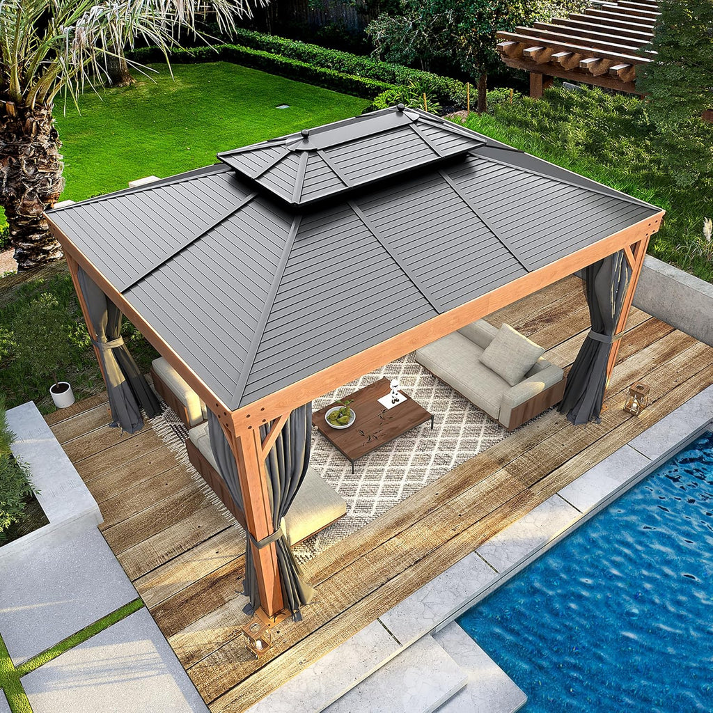 YOLENY 10'x13' Hardtop Gazebo, Galvanized Steel Double Roof with Wood Grain Aluminum Frame,Outdoor Gazebo with Curtains and Nettings for Patio, Backyard and Deck