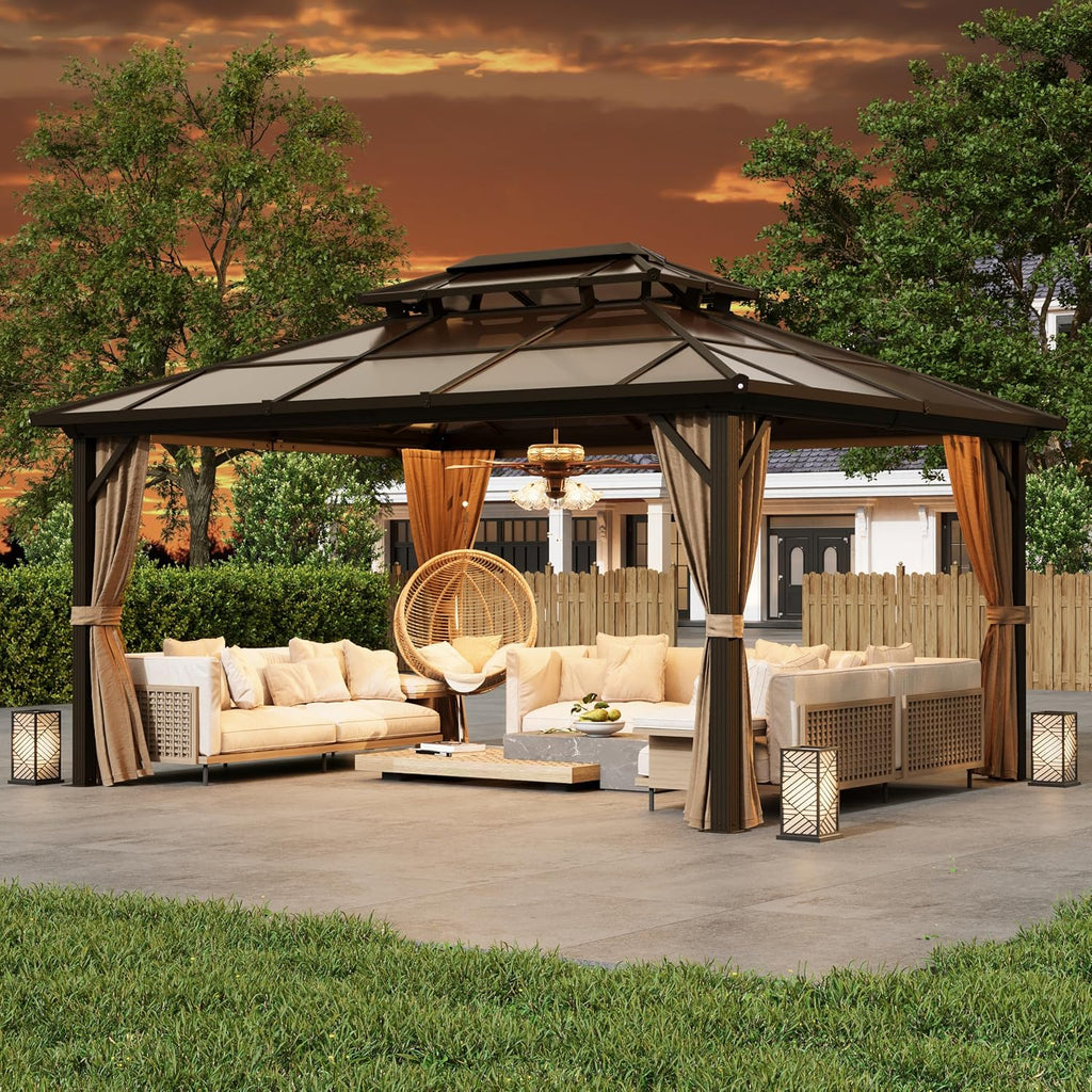MELLCOM 12x16ft Outdoor Polycarbonate Double Hardtop Roof Gazebo, Aluminum Furniture Gazebo Canopy with Netting and Curtains for Garden, Patio, Lawns, Party and Deck