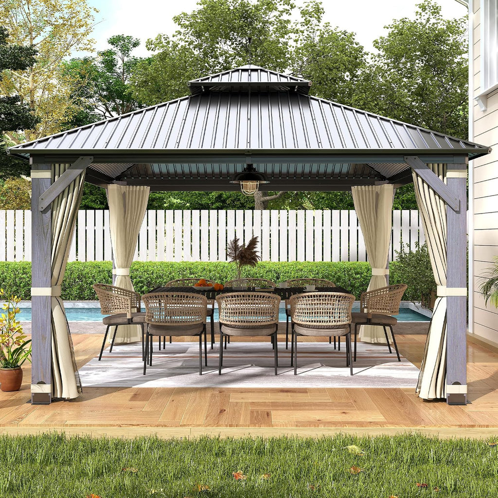 12' x 12' Wood Gazebo, Outdoor Hardtop Gazebo with Wood Posts and Galvanized Steel Doule Roof, Wooden Frame Gazebos with Netting and Curtains for Patio Backyard