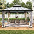 12' x 12' Wood Gazebo, Outdoor Hardtop Gazebo with Wood Posts and Galvanized Steel Doule Roof, Wooden Frame Gazebos with Netting and Curtains for Patio Backyard