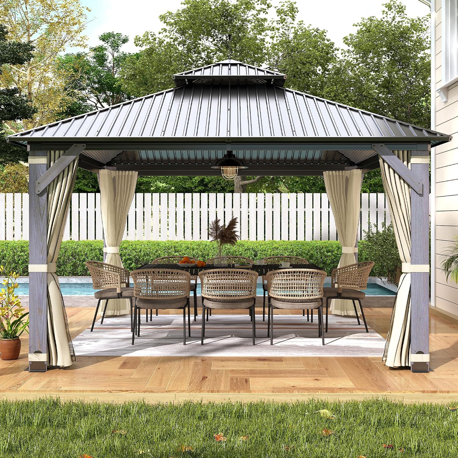 12' x 12' Wood Gazebo, Outdoor Hardtop Gazebo with Wood Posts and Galvanized Steel Doule Roof, Wooden Frame Gazebos with Netting and Curtains for Patio Backyard