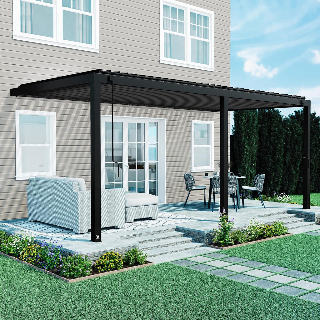 Backyard Discovery Evanston 20'x10' Galvanized Steel Wall-Mounted Louvered Pergola Kit with Adjustable Roof, Shade, Rain Protection, High-Wind Rating, PowerPort, Gutter System for Outdoor Patio, Deck