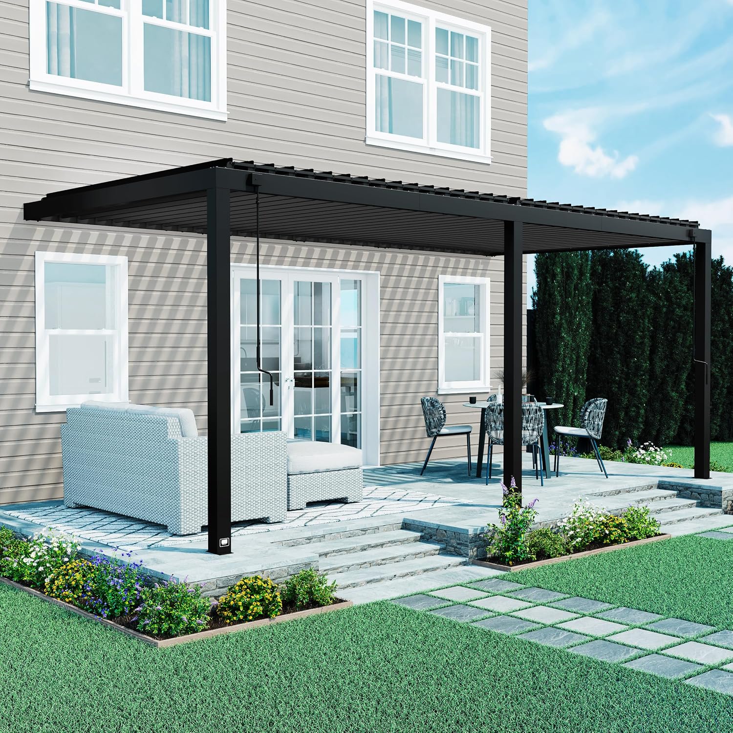 Backyard Discovery Evanston 20'x10' Galvanized Steel Wall-Mounted Louvered Pergola Kit with Adjustable Roof, Shade, Rain Protection, High-Wind Rating, PowerPort, Gutter System for Outdoor Patio, Deck