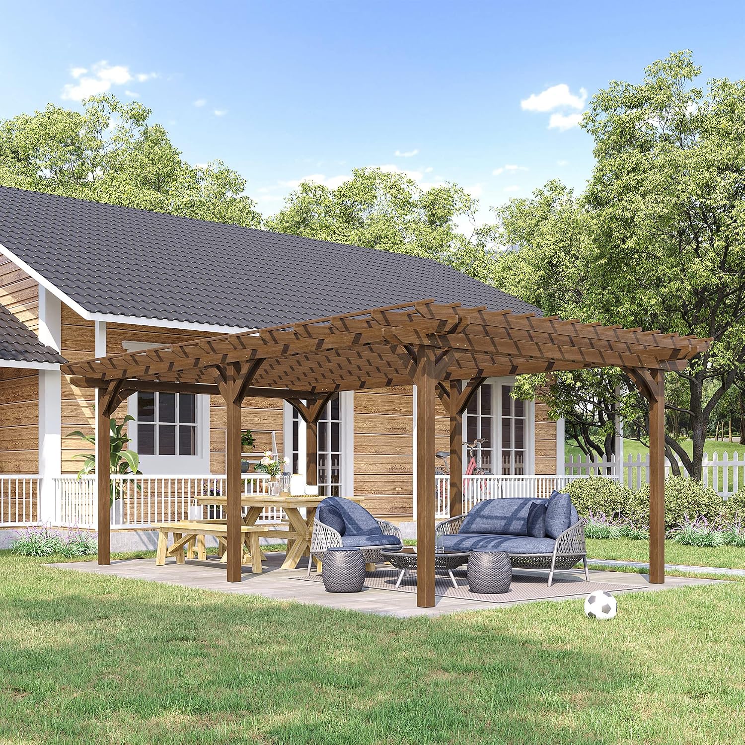 Outsunny 12' x 20' Outdoor Pergola, Wood Gazebo Grape Trellis with Stable Structure for Climbing Plant Support, Garden, Patio, Backyard, Deck, Brown