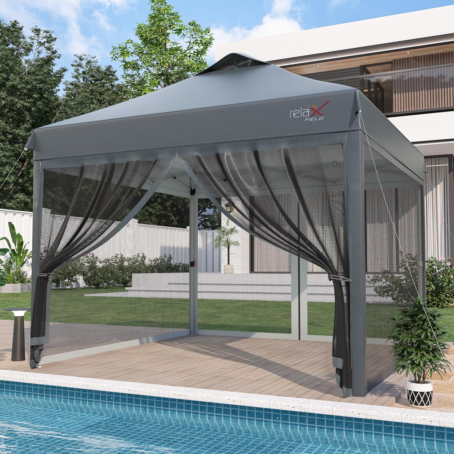 10x10 Pop Up Canopy Tent with Mosquito Netting, Outdoor Portable Screen Tent for Yard, Party, Camping and Picnic, 3 Height Positions, Patio Gazebo with Roller Bag and 4 Sandbags