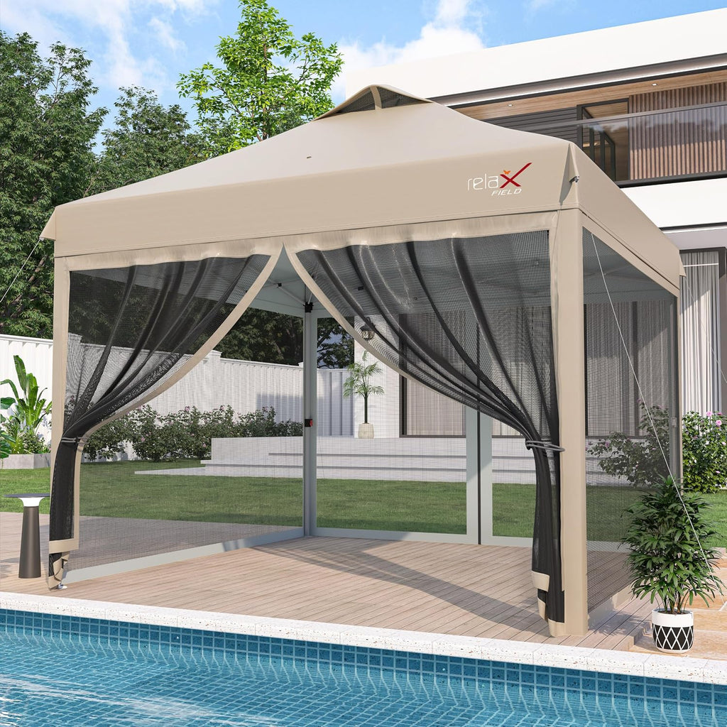 10x10 Pop Up Canopy Tent with Mosquito Netting, Outdoor Portable Screen Tent for Yard, Party, Camping and Picnic, 3 Height Positions, Patio Gazebo with Roller Bag and 4 Sandbags, Khaki