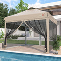 10x10 Pop Up Canopy Tent with Mosquito Netting, Outdoor Portable Screen Tent for Yard, Party, Camping and Picnic, 3 Height Positions, Patio Gazebo with Roller Bag and 4 Sandbags, Khaki