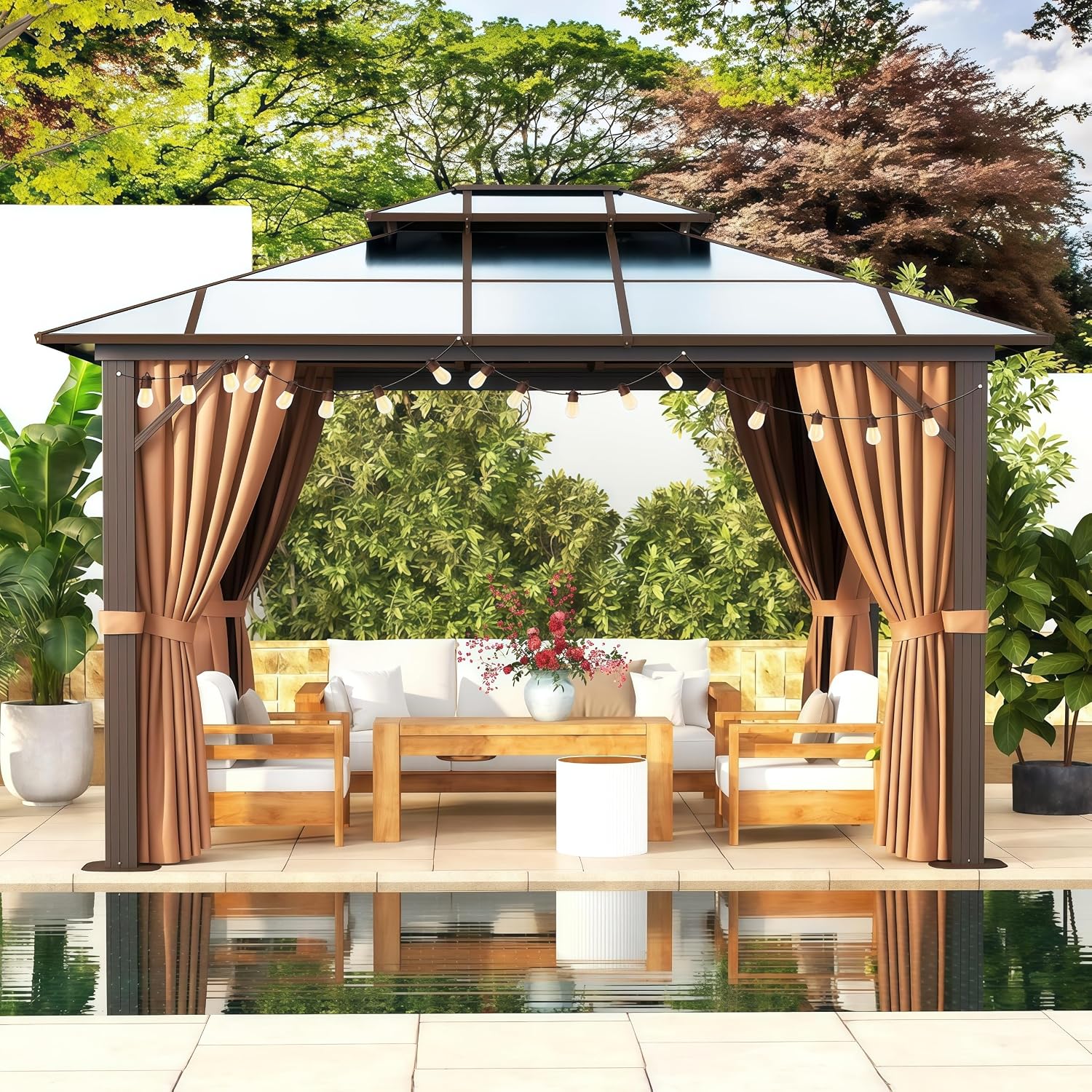 Aoxun 10'x12' Hardtop Gazebo, Aluminum Frame Permanent Pavilion with Curtains and Netting, Outdoor Polycarbonate Double Roof Canopy with String Lights, for Garden, Lawns, Patio, Brown