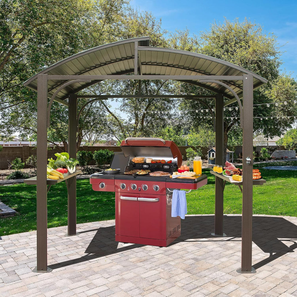 Domi 8x5FT Hardtop Grill Gazebo, Outdoor BBQ Gazebo with 2 Side Shelves and Bottle Opener, Outdoor Grill Canopy with Galvanized Steel Double Roof for Patio Lawn Backyard Deck, Brown