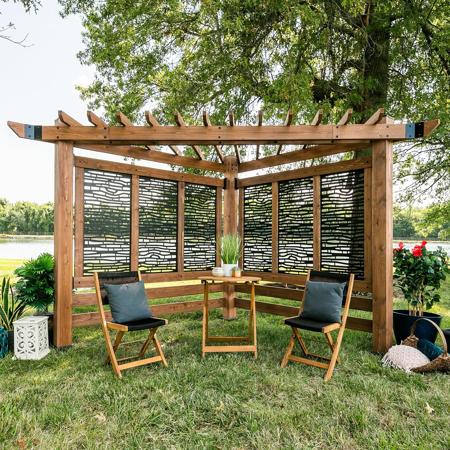 Backyard Discovery Verona 12' x 8' Cedar Wood Cabana Corner Pergola with Bamboo Privacy Panels for Outdoor Patio, Deck, Garden, Poolside, Entertaining