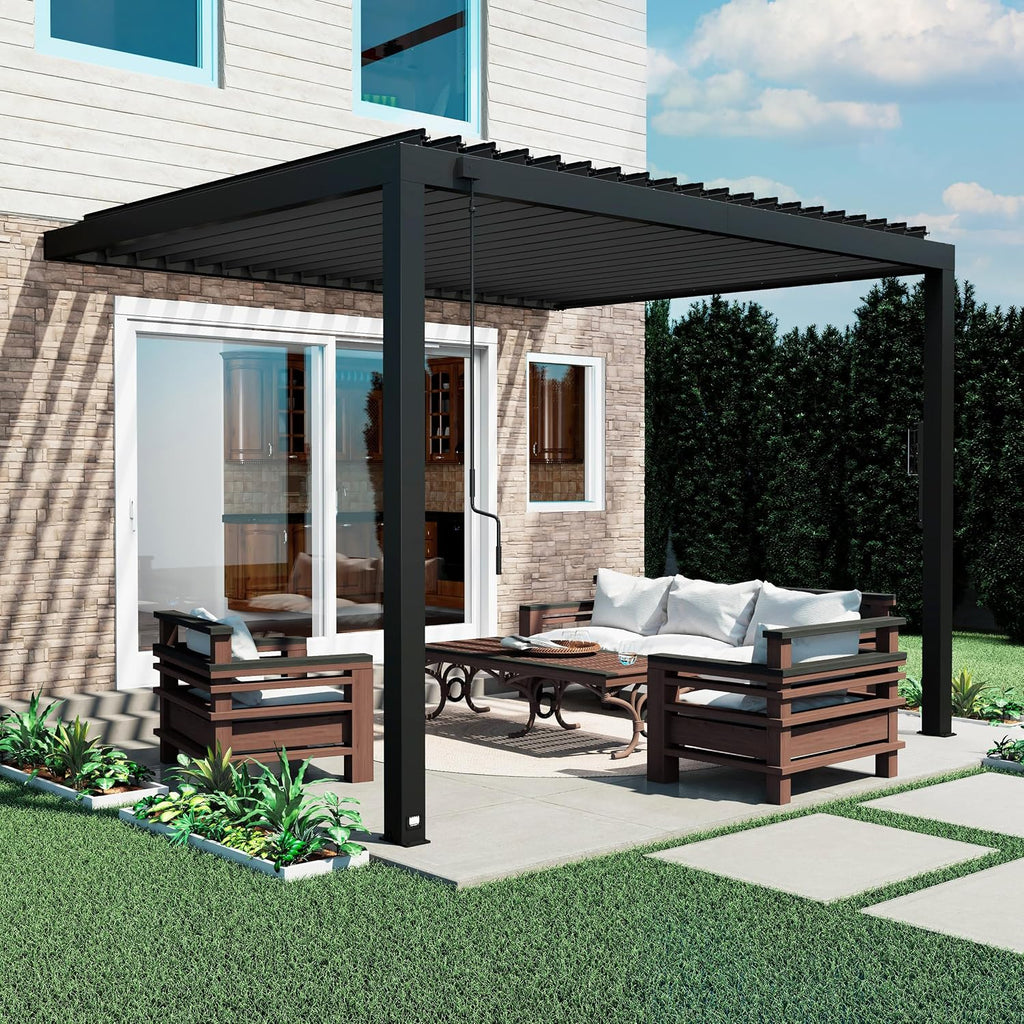 Backyard Discovery Evanston 12'x10' Galvanized Steel Wall-Mounted Louvered Pergola Kit with Adjustable Roof, Shade, Rain Protection, High-Wind Rating, PowerPort, Gutter System for Outdoor Patio, Deck