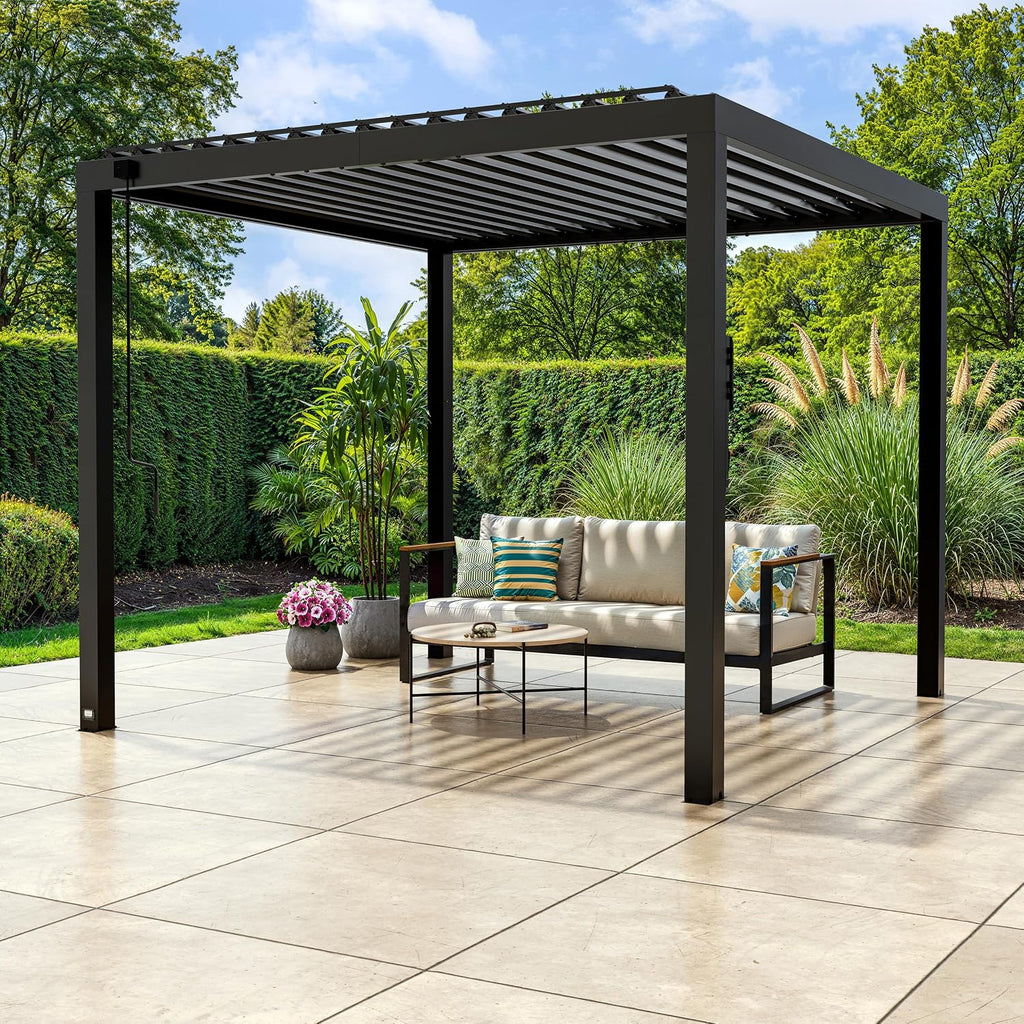 Backyard Discovery Sarasota 10' x 10' Galvanized Steel Louvered Pergola Kit with Adjustable Roof, Shade, Rain Protection, High-Wind Rating, Gutter System for Outdoor Patio, Garden, Deck, Entertaining