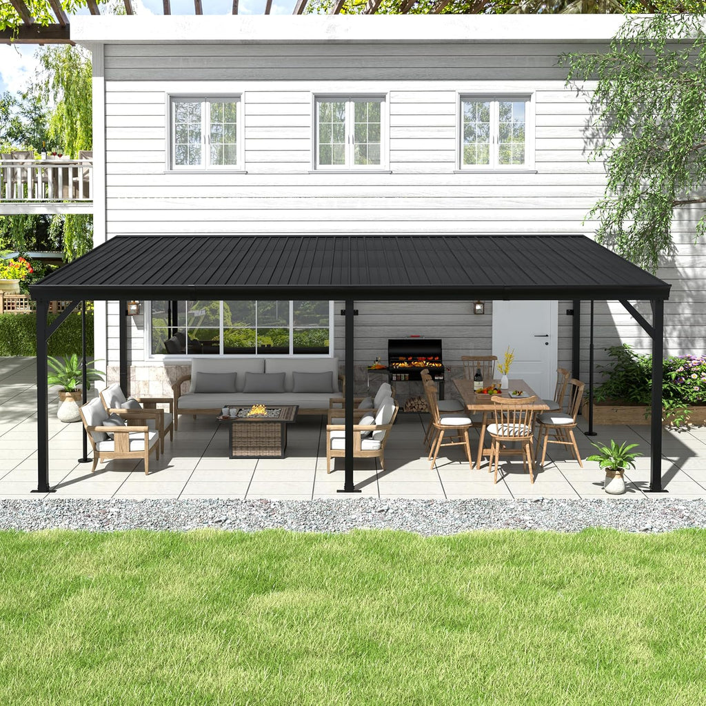 Yardenaler 12x20 FT Wall Mounted Gazebo, Hardtop Lean to Gazebo with Aluminum Slope Roof, 3.15'x3.15' Post Outdoor Pergola with Adjustable Support Posts for Poolside, Patio, Backyard, Deck, Black