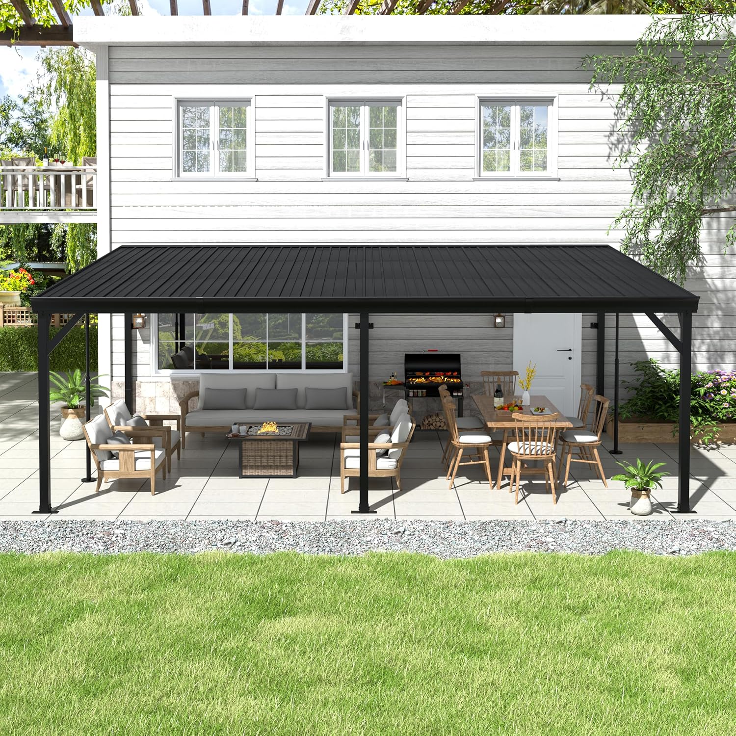 Yardenaler 12x20 FT Wall Mounted Gazebo, Hardtop Lean to Gazebo with Aluminum Slope Roof, 3.15'x3.15' Post Outdoor Pergola with Adjustable Support Posts for Poolside, Patio, Backyard, Deck, Black