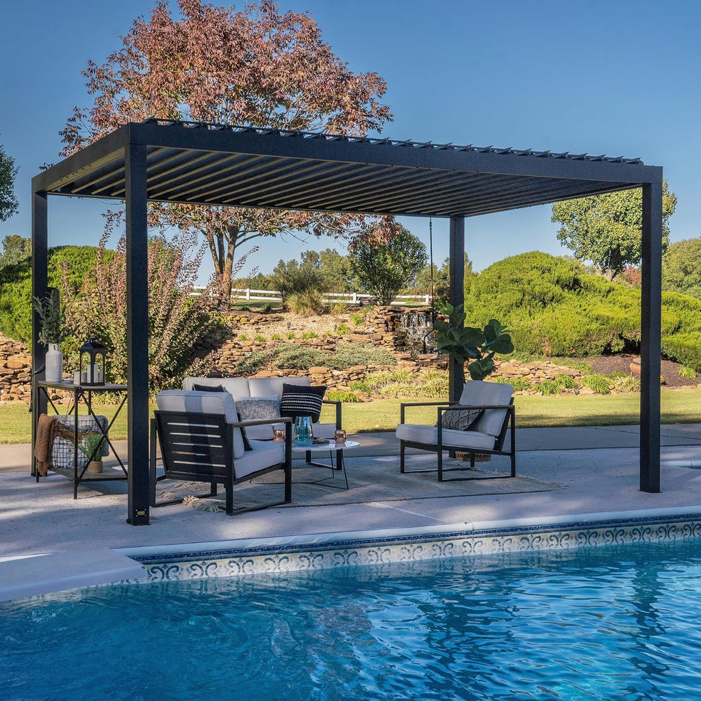 Backyard Discovery Sarasota 14' x 10' Galvanized Steel Louvered Pergola Kit with Adjustable Roof, Shade, Rain Protection, High-Wind Rating, Gutter System for Outdoor Patio, Garden, Deck, Entertaining